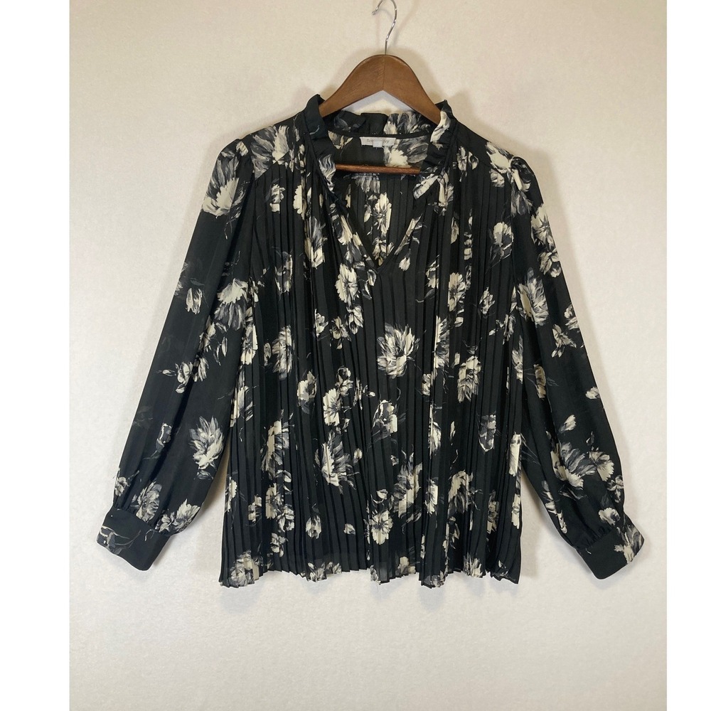 Romantic Floral & Ivy Womens XL Black White Pleated Ruffle Neck Chiffon Blouse